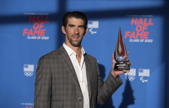 In a photo provided by the U.S. Olympic & Paralympic Committee, Michael Phelps attends the U.S. Olympic and Paralympic Hall of Fame induction ceremony in Colorado Springs, Colo., Friday, June 24, 2022. (Mark Reis/U.S. Olympic & Paralympic Committee via AP)