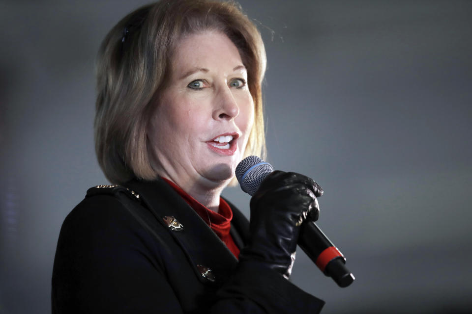 FILE - Attorney Sidney Powell speaks during a rally on Dec. 2, 2020, in Alpharetta, Ga. The prosecutor who's investigating whether Donald Trump and his allies illegally tried to influence the 2020 election in Georgia is seeking to compel testimony from more allies of the former president, including former chief of staff Mark Meadows and Powell. (AP Photo/Ben Margot, File)