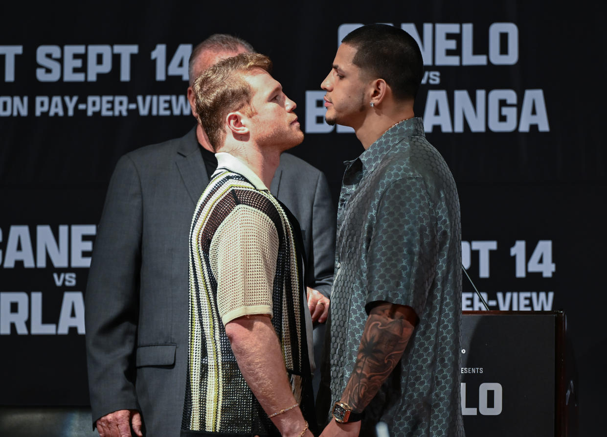 BEVERLY HILLS, CALIFORNIA - AUGUST 6: Canelo Alvarez (L) and Edgar Berlanga (R) show up at the press conference before their match in Las Vegas on September 14, in Beverly Hills of Los Angeles, California, United States on August 6, 2024. (Photo by Tayfun Coskun/Anadolu via Getty Images)