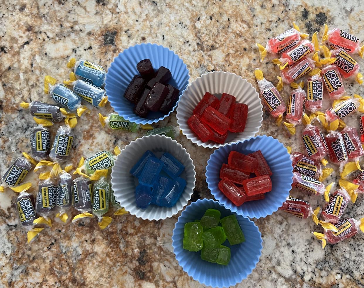 Sort Jolly Ranchers into silicone baking cups by color to prepare the candies for melting. (Photo: Terri Peters)