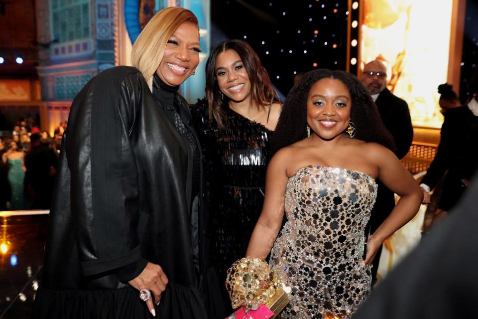 <p><a href="https://people.com/tag/queen-latifah/" rel="nofollow noopener" target="_blank" data-ylk="slk:Queen Latifah;elm:context_link;itc:0;sec:content-canvas" class="link ">Queen Latifah</a>, <a href="https://people.com/tag/regina-hall/" rel="nofollow noopener" target="_blank" data-ylk="slk:Regina Hall;elm:context_link;itc:0;sec:content-canvas" class="link ">Regina Hall</a> and Quinta Brunson pose onstage during the 54th NAACP Image Awards at the Pasadena Civic Auditorium on Feb. 25 in California.</p>