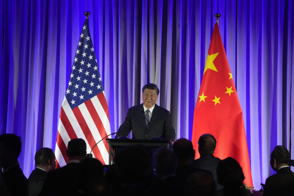 China's President Xi Jinping speaks at a dinner with business leaders during the Asia-Pacific Economic Cooperation (APEC) conference Wednesday, Nov. 15, 2023, in San Francisco. (AP Photo/Jeff Chiu)