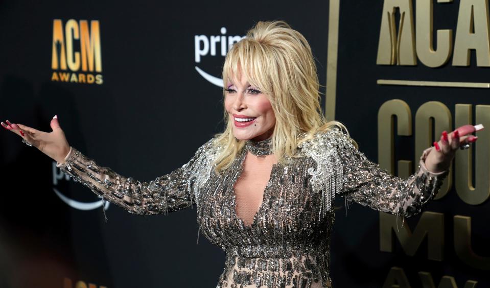 Dolly Parton arrives at the 58th annual Academy of Country Music Awards on Thursday, May 11, 2023, at the Ford Center in Frisco, Texas.