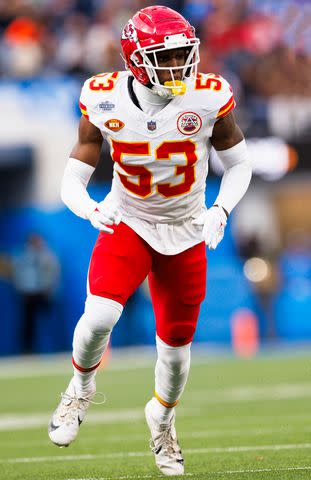 <p>Ric Tapia/Getty</p> BJ Thompson #53 of the Kansas City Chiefs rushes the edge during a game against the Los Angeles Chargers at SoFi Stadium on January 7, 2024 in Inglewood, California.