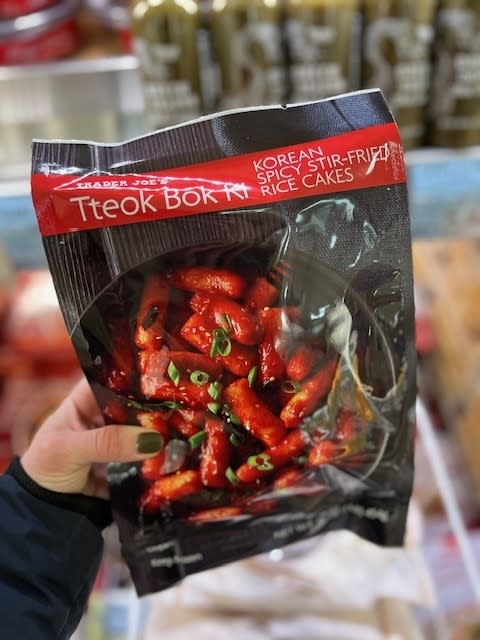 A bag of Trader Joe's Tteok Bok Ki Korean Spicy Stir-Fried Rice Cakes