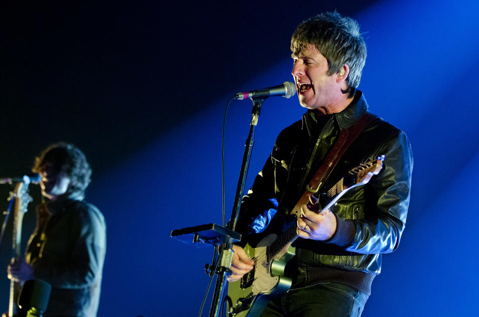 Noel Gallagher's High Flying Birds perform at Heineken Music Hall, Amsterdam, Netherlands, 18th April 2016. He is playing a Fender Telecaster guitar. (Photo by Paul Bergen/Redferns)