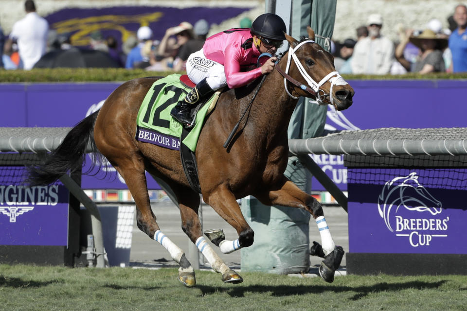 Javier Castallano aboard Belvoir Bay wins the Breeders' Cup Turf Sprint horse race at Santa Anita Park, Saturday, Nov. 2, 2019, in Arcadia, Calif. (AP Photo/Gregory Bull)