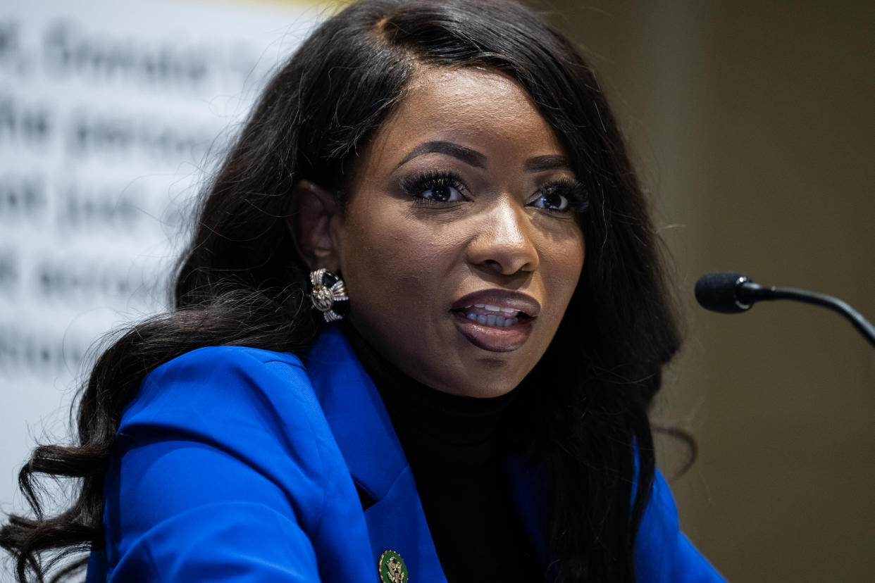 UNITED STATES - JANUARY 4: Rep. Jasmine Crockett, D-Texas, a member of the House Oversight and Accountability Committee, conducts a news conference in Rayburn Building on a report by committee Democrats on a 