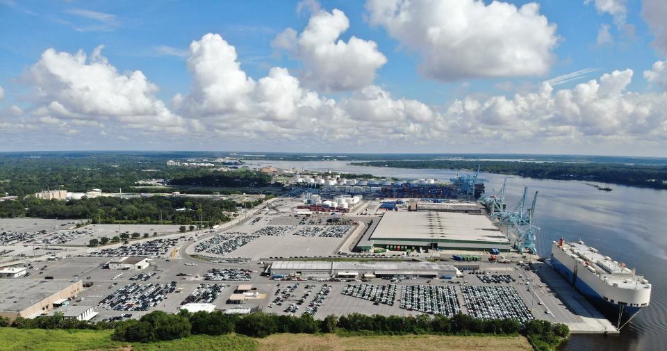 An aerial view shows the area of the Talleyrand marine terminal that Enstructure will take over in 2025 after Southeast Toyota Distributors relocates from Talleyrand to the Blount Island terminal. Enstructure operates terminals up and down the East Coast, the Gulf Coast and some inland waterways.