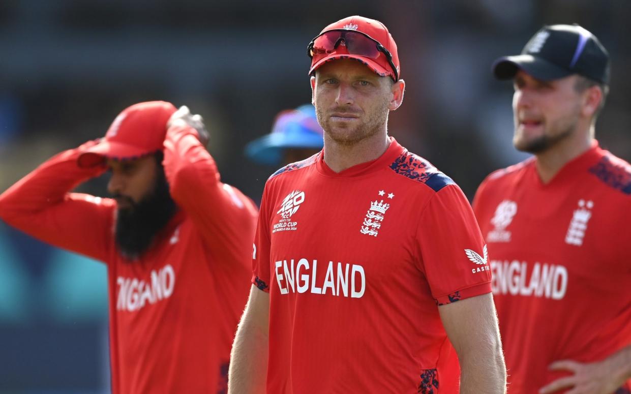 Jos Buttler of England looks on after his side's defeat in the ICC Men's T20 Cricket World Cup West Indies & USA 2024 Semi-Final match between India and England at Providence Stadium on June 27, 2024 in Georgetown, Guyana