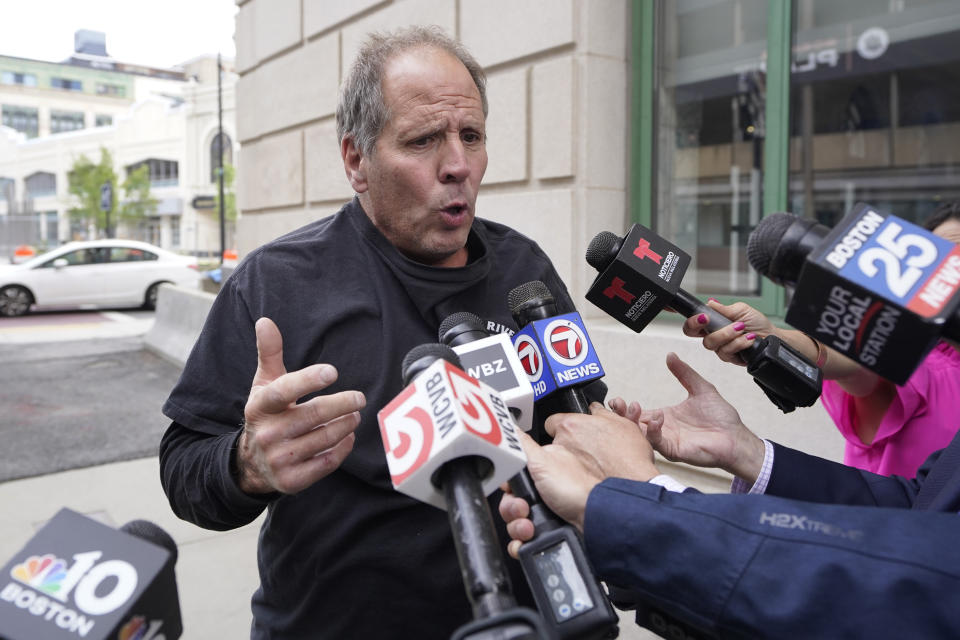 Paul Ventura, father of 18-year-old Mateo Ventura, both of Wakefield, Mass., speaks with reporters outside federal court, Thursday, June 8, 2023, in Worcester, Mass. Mateo Ventura appeared in federal court Thursday on a charge of knowingly concealing the source of material support or resources to a foreign terrorist organization, the U.S. attorney's office in Boston said in a statement. (AP Photo/Steven Senne)