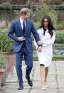 <p>Come spring, they’ll be walking down the aisle, but on Monday they walked hand in hand to the Sunken Garden at Kensington Palace, which is the royal residence where Harry, as well as his big brother Prince William, were raised. (Earlier this year, the garden was dedicated to Harry’s mother, Princess Diana, for the 20th anniversary of her death.) He had on a blue suit while she stunned in a belted white jacket from the Canadian brand Line the Label. Toronto has been home to Markle, who shot <em>Suits</em> there. (Photo: Chris Jackson/Getty Images) </p>