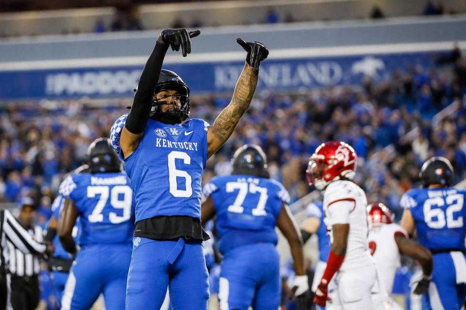 Kentucky true freshman wide receiver Dane Key (6) celebrates a touchdown during UK’s 26-13 victory over Louisville to retain the Governor’s Cup for a fourth consecutive time and the fifth time in the past six meetings between UK and U of L.