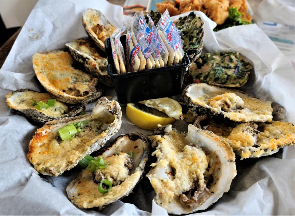 A sampler of oysters at the waterfront Anna Maria Oyster Bar on Bradenton Beach Pier photographed June 17, 2023.