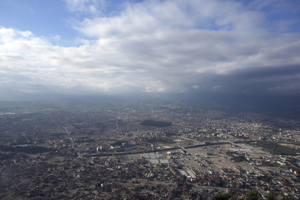 This Jan. 11, 2024 photo shows a view of the devastation in the quake-stricken city of Antakya, southern Turkey. A year after a powerful struck, many in the region are struggling to rebuild lives. (AP Photo/Khalil Hamra)