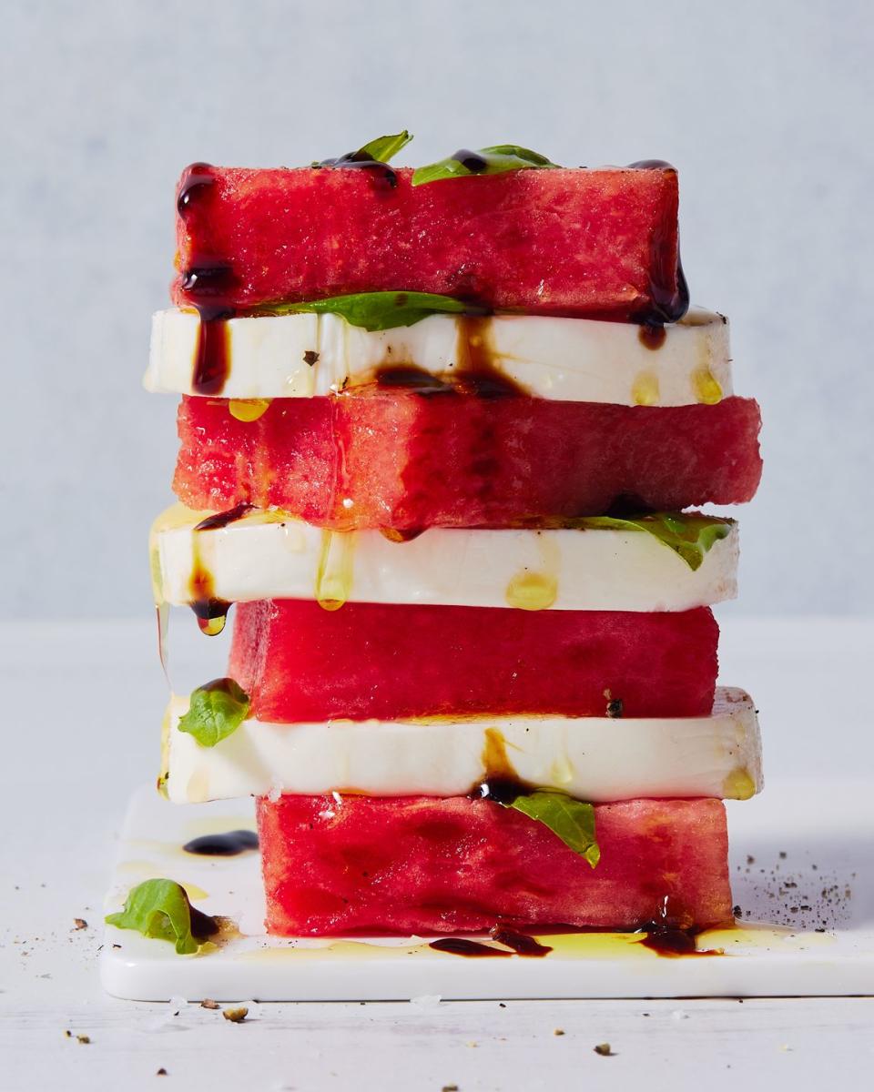 sliced watermelon, mozzarella, and basil drizzled with balsamic