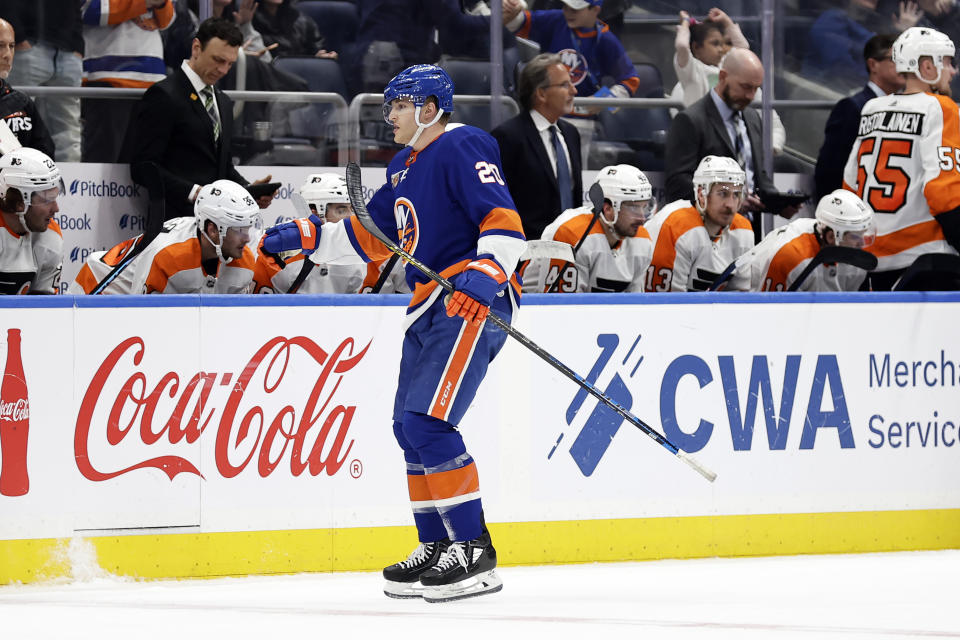 New York Islanders right wing Hudson Fasching reacts after scoring a goal against the Philadelphia Flyers in the third period of an NHL hockey game Saturday, April 8, 2023, in Elmont, N.Y. The Islanders won 4-0. (AP Photo/Adam Hunger)