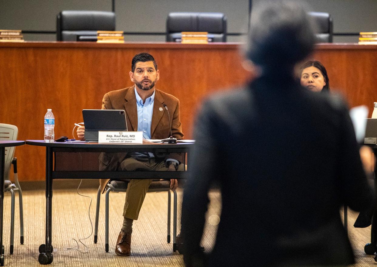 U.S. Rep. Raul Ruiz listens to a community member Tuesday during a roundtable in Thermal with local farmworker advocacy groups and growers.