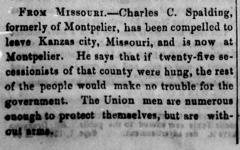 A newspaper announcement that Spalding had arrived back in Vermont.