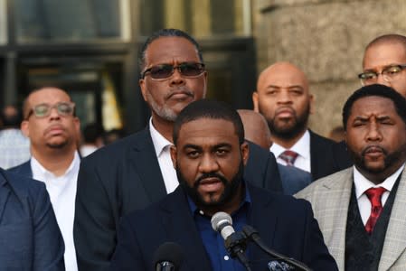 Minister Jonathan Morrison from the Cedar Crest Church of Christ speaks at the prayer vigil held outside the Frank Crowley Courts Building on the first day of the trial against former police officer Amber Guyger in Dallas
