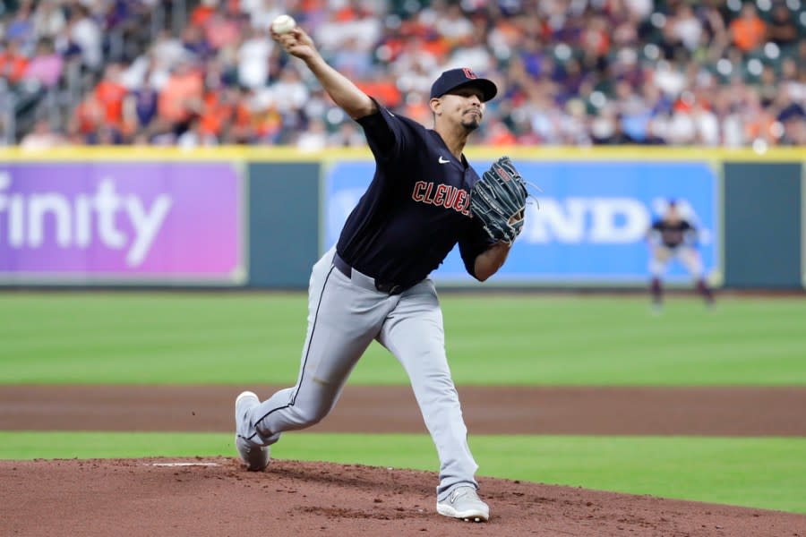 Cleveland Guardians starting pitcher <a class="link " href="https://sports.yahoo.com/mlb/players/8185/" data-i13n="sec:content-canvas;subsec:anchor_text;elm:context_link" data-ylk="slk:Carlos Carrasco;sec:content-canvas;subsec:anchor_text;elm:context_link;itc:0">Carlos Carrasco</a> throws against the Houston Astros during the first inning of a baseball game Tuesday, April 30, 2024, in Houston. (AP Photo/Michael Wyke)