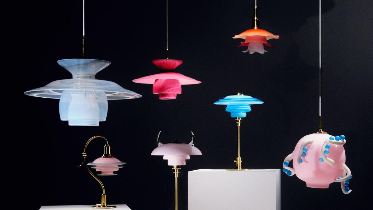 a series of colorful pendant lamps and table lamps