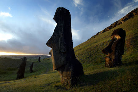 FILE PHOTO: A view of "Moai" statues in Rano Raraku volcano, on Easter Island, 4,000 km (2486 miles) west of Santiago, in this photo taken Oct. 31, 2003. RIGHTS FREE REUTERS/Carlos Barria/File Photo