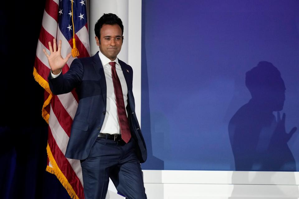 Republican presidential candidate Vivek Ramaswamy arrives to speak at an annual leadership meeting of the Republican Jewish Coalition, Saturday, Oct. 28, 2023, in Las Vegas.