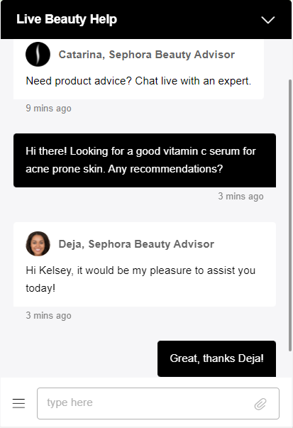 Customers can ask personalized questions to beauty advisers on Sephora's live chat feature