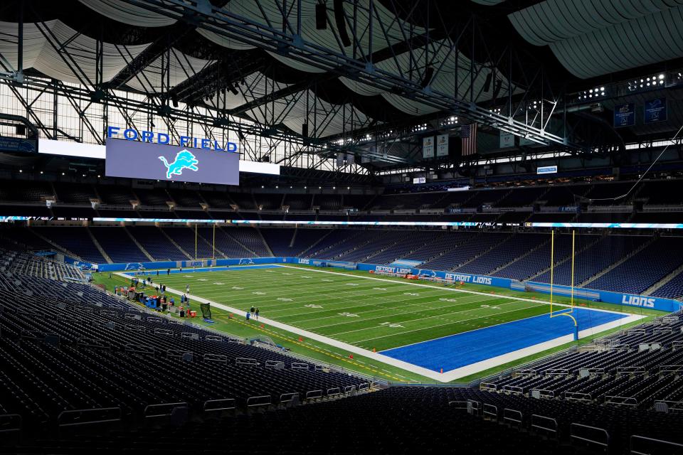 Ford Field, home to the Detroit Lions, is seen before drills at practice, Wednesday, Sept. 2, 2020, in Detroit.