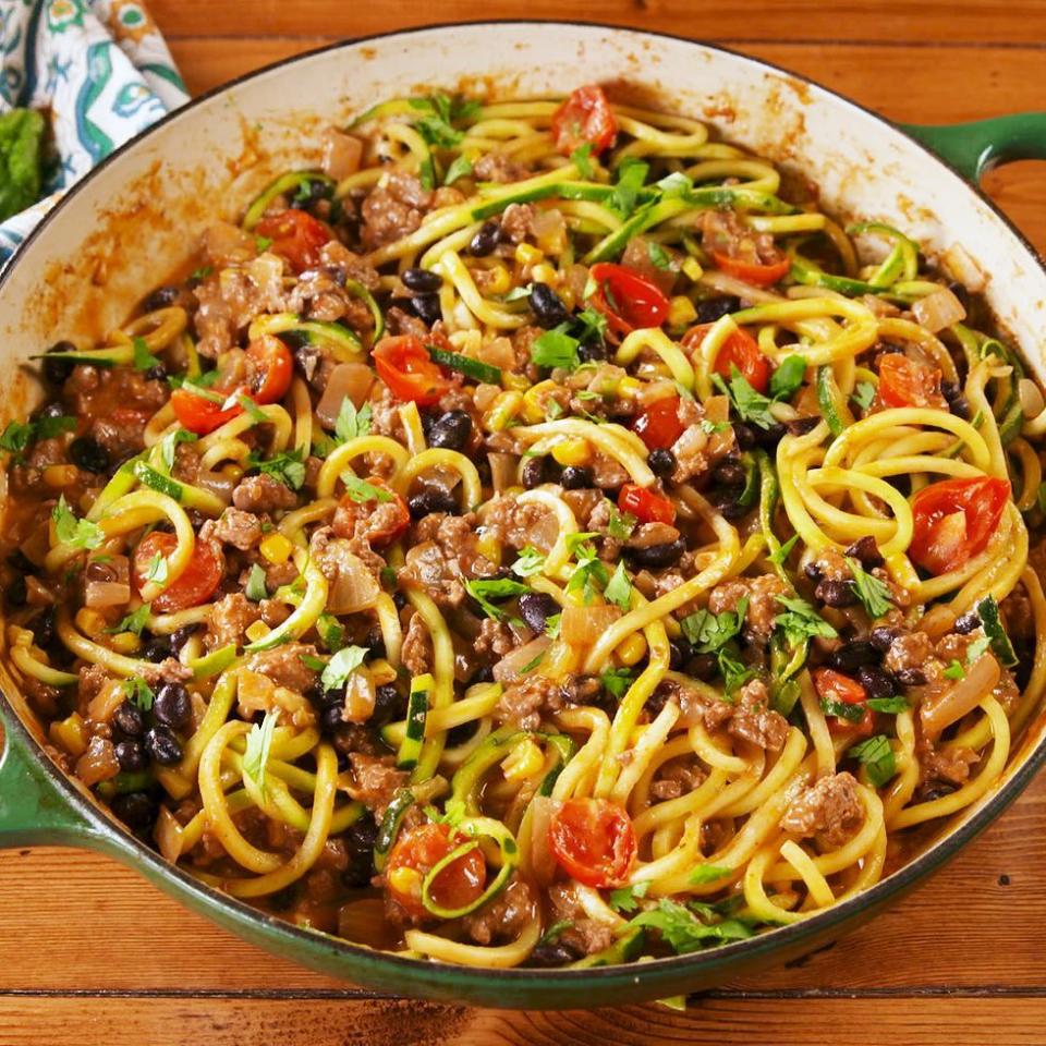 <p><a href="https://www.delish.com/uk/cooking/recipes/a28839810/caprese-zoodles-recipe/" rel="nofollow noopener" target="_blank" data-ylk="slk:Courgetti;elm:context_link;itc:0;sec:content-canvas" class="link ">Courgetti</a> allows this dish to be extra delicious and satisfying while keeping it low carb and something you don't feel bad about. It's a win/win and we can't get enough. </p><p>Get the <a href="https://www.delish.com/uk/cooking/recipes/a34972943/burrito-zoodles-recipe/" rel="nofollow noopener" target="_blank" data-ylk="slk:Burrito Courgetti;elm:context_link;itc:0;sec:content-canvas" class="link ">Burrito Courgetti</a> recipe.</p>