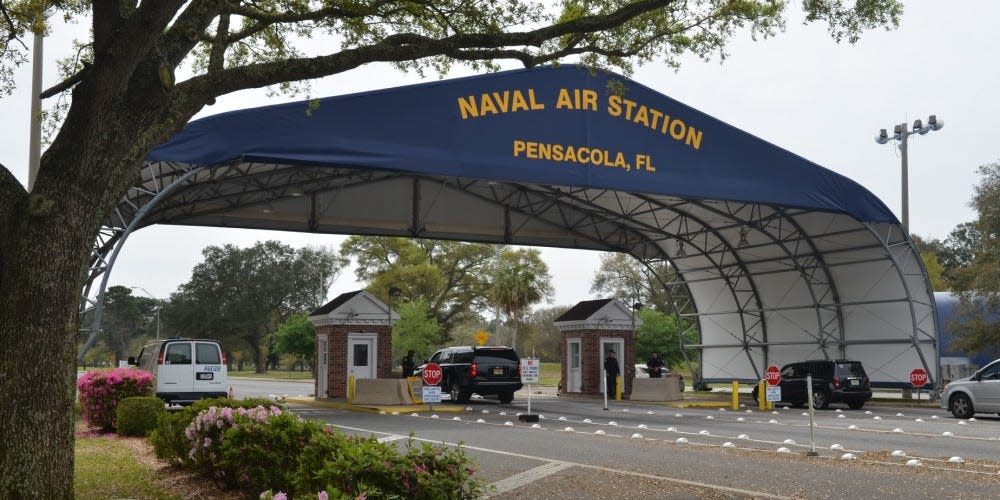 The main gate at Naval Air Station Pensacola on Navy Boulevard in Pensacola, Fla.