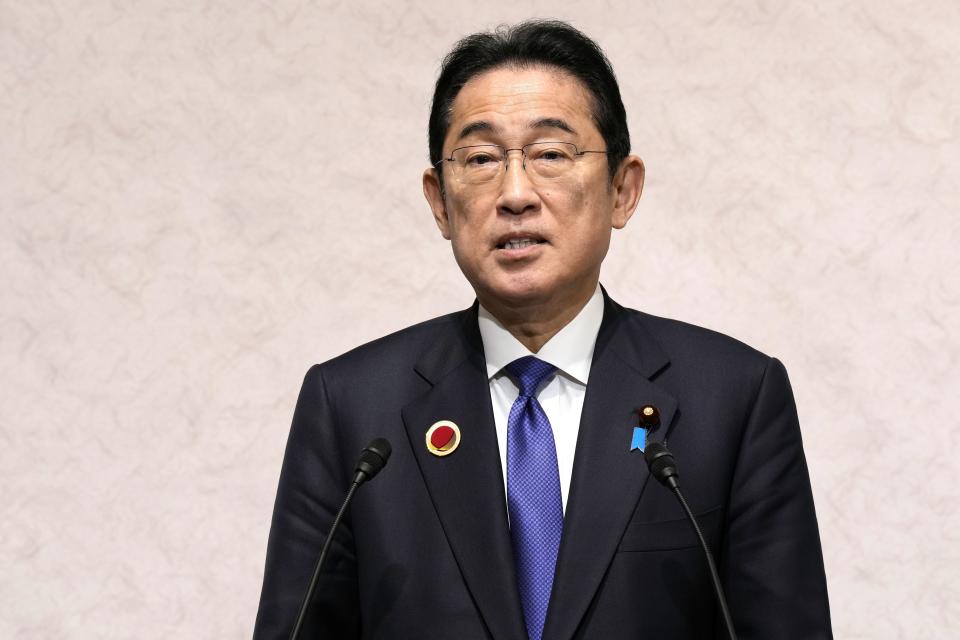 Japan's Prime Minister Fumio Kishida delivers a speech at joint chairpersons' press announcement following the meetings of ASEAN-Japan Commemorative Summit in Tokyo Sunday, Dec. 17, 2023. (AP Photo/Eugene Hoshiko, Pool)