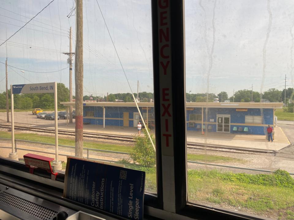 The South Bend, Indiana, train station through the window of an amtrak train