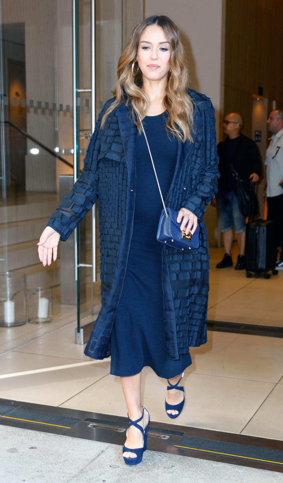 <p>Alba is all about the coordinating navy on Sept. 26, wearing a long <span>Yeon</span> jacket, knee-length dress and ankle-strap platform sandals in the same color while hosting the <span>Building a Brand</span> In a Mobile First World event in N.Y.C. <strong>Finish the Look!</strong> Tommy Hilfiger Women's Long Quilted Jacket with Hood (similar; $76 to $139), <span>amazon.com</span>; Delcoce Navy T-Shirt Dress ($16), <span>amazon.com</span>; Mila Lady Platform Chunky Heels ($30 to $40), <span>amazon.com</span></p>