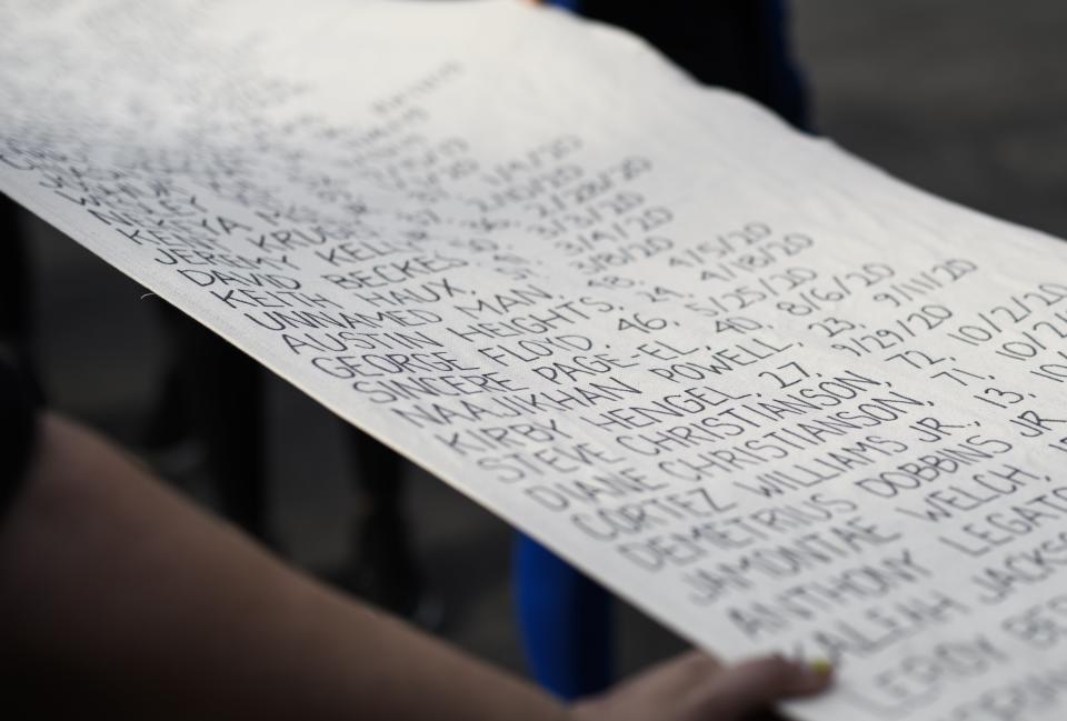 Demonstrators carry a scroll listing the names of people killed by police during a march in honor of George FloydGetty Images