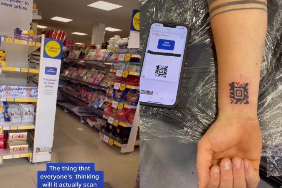 英國一名男子把會員QR Code刺在右手上，並與刺青師實際到超市測試。(翻攝自tiktok   astartattoos)