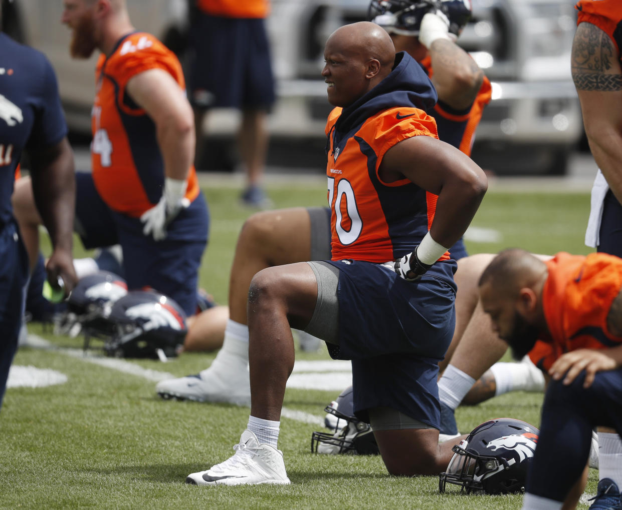 Denver Broncos offensive tackle Ja'Wuan James takes part in drills during the NFL football team's veterans minicamp Tuesday, April 16, 2019, in Englewood, Colo. (AP Photo/David Zalubowski)