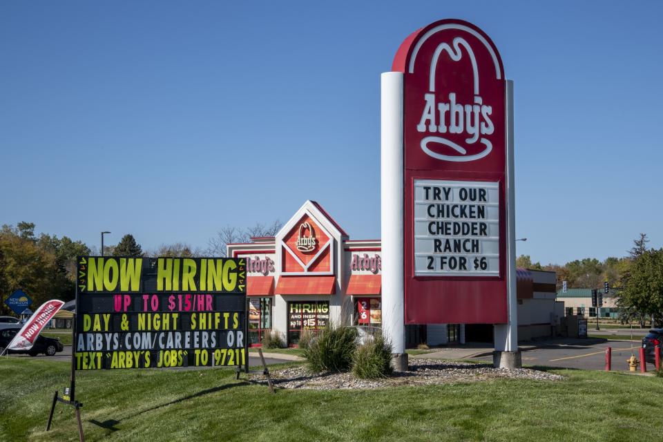 Plymouth, Minnesota, Arby's restaurant with a now hiring sign and paying up to 15 dollars an hour. (Photo by: Michael Siluk/UCG/Universal Images Group via Getty Images)