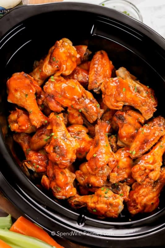 <p>Enjoy classic wings with the mess and work of deep frying. Get this <a href="https://www.spendwithpennies.com/slow-cooker-chicken-wings/" rel="nofollow noopener" target="_blank" data-ylk="slk:Crock Pot Chicken Wings;elm:context_link;itc:0;sec:content-canvas" class="link ">Crock Pot Chicken Wings</a> recipe!</p>