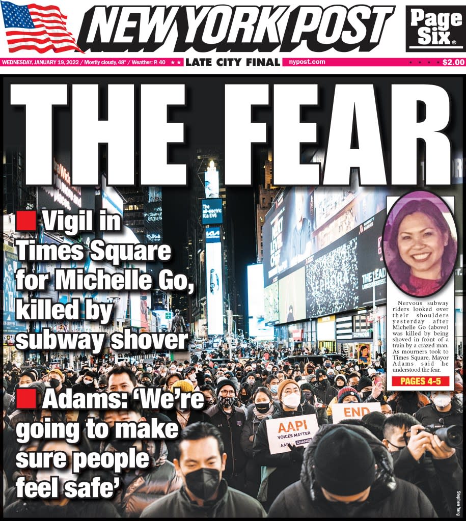 The New York Post’s front cover from Jan.19, 2022 after a vigil for Michelle Go was held in Times Square.