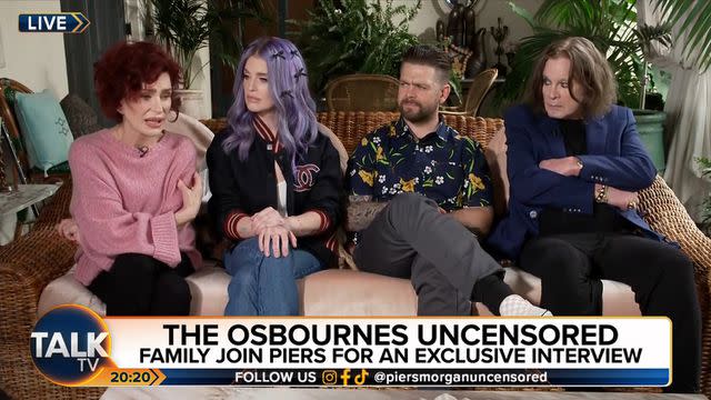 <p>TalkTV</p> Sharon Osbourne, Kelly Osbourne, Jack Osbourne, Ozzy Osbourne.