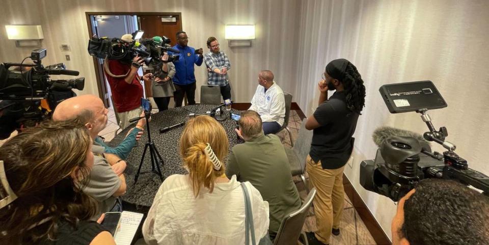 UNC head men’s basketball coach Hubert Davis answers questions during a media scrum at the team’s hotel in Washington, D.C., on Wednesday, March 13, 2024. The top-seeded Tar Heels will play their first game of the ACC Tournament on Thursday.