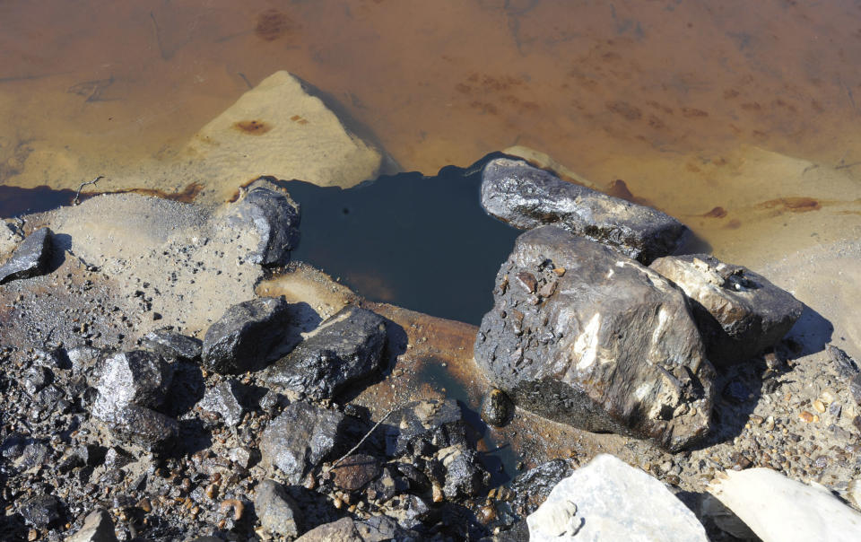 Crude oil seeps into water in a swamp near Aliceville, Ala., on Wednesday, March 5, 2014. A train carrying nearly 3 million gallons of oil crashed at the site in November 2013, resulting in the pollution. Environmental regultors say cleanup and containment work is continuing, but critics contend the Alabama accident and others show the danger of transporting large amounts of oil in tanker trains. (AP Photo/Jay Reeves)