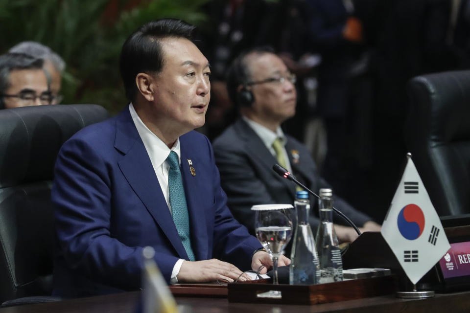 South Korean President Yoon Suk Yeol delivers his remarks during the Association of the Southeast Asian Nations (ASEAN) Plus Three Summit in Jakarta, Indonesia, Wednesday, Sept. 6, 2023. (Adi Weda/Pool Photo via AP)