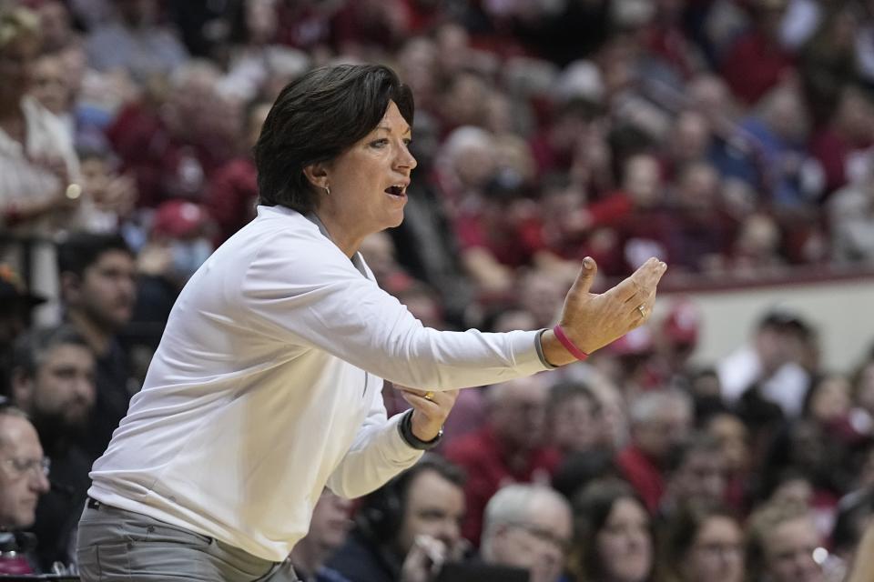 Miami head coach Katie Meier calls a play during the second half of a second-round college basketball game against Indiana in the women's NCAA Tournament Monday, March 20, 2023, in Bloomington, Ind. (AP Photo/Darron Cummings)