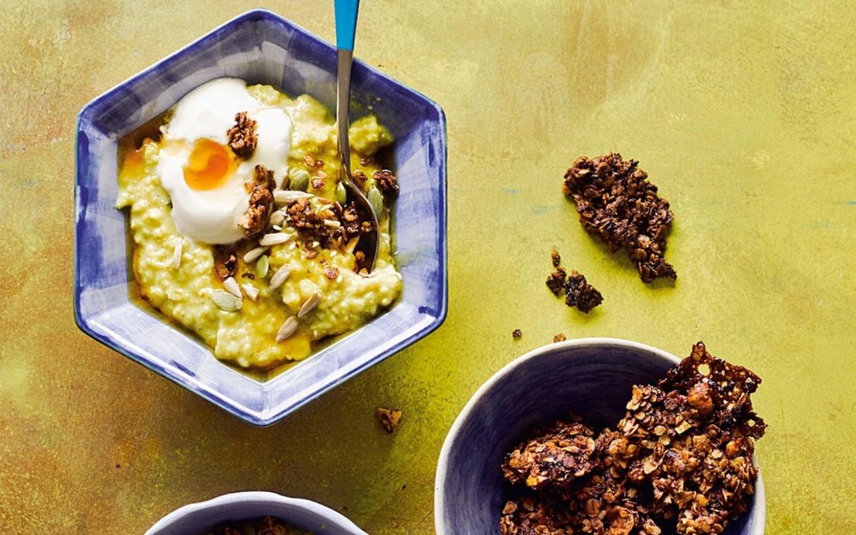 Turmeric-scented porridge with pears and cacao crumble - Haarala Hamilton and Valerie Berry