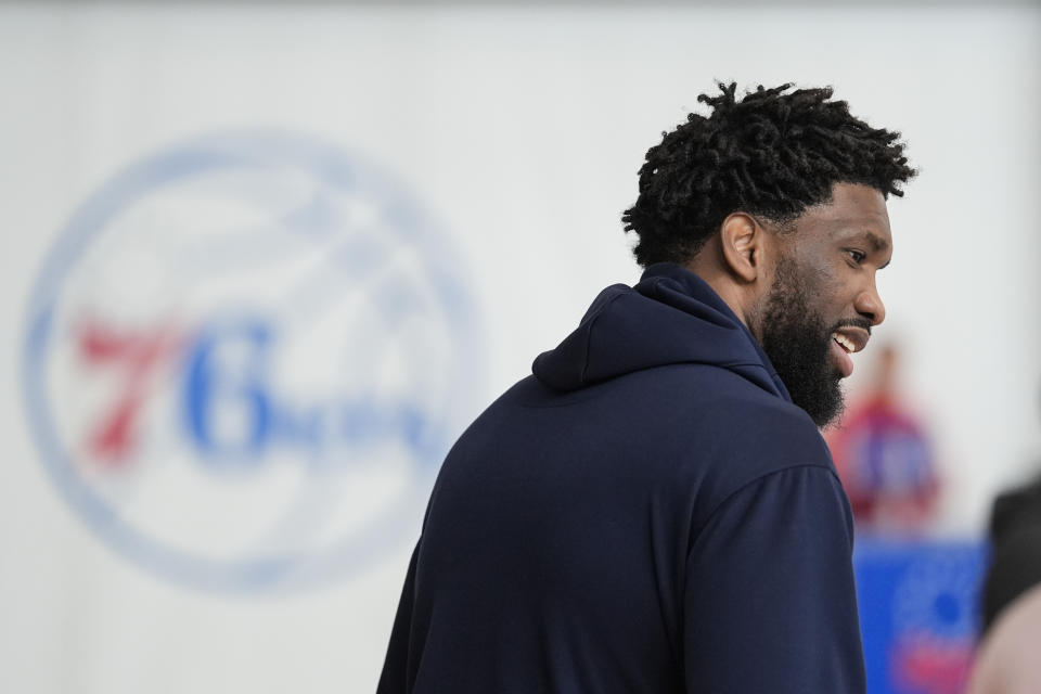 Philadelphia 76ers center Joel Embiid is seen after he spoke with members of the media at the NBA basketball team's practice facility, Thursday, Feb. 29, 2024, in Camden, N.J. (AP Photo/Matt Rourke)
