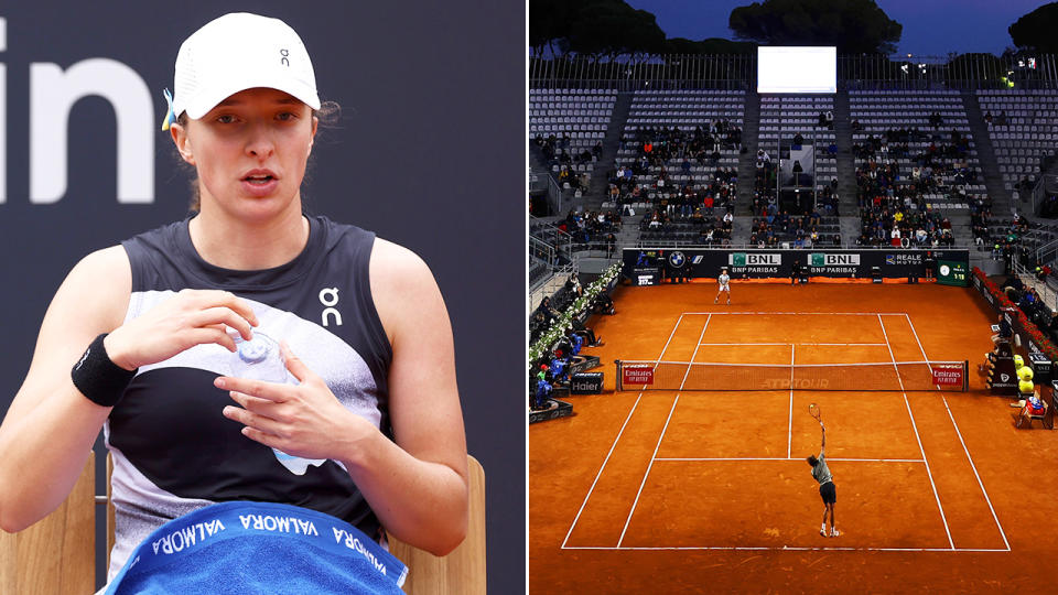 World No.1 Iga Swiatek drinks water and a largely empty crowd at the Italian Open.