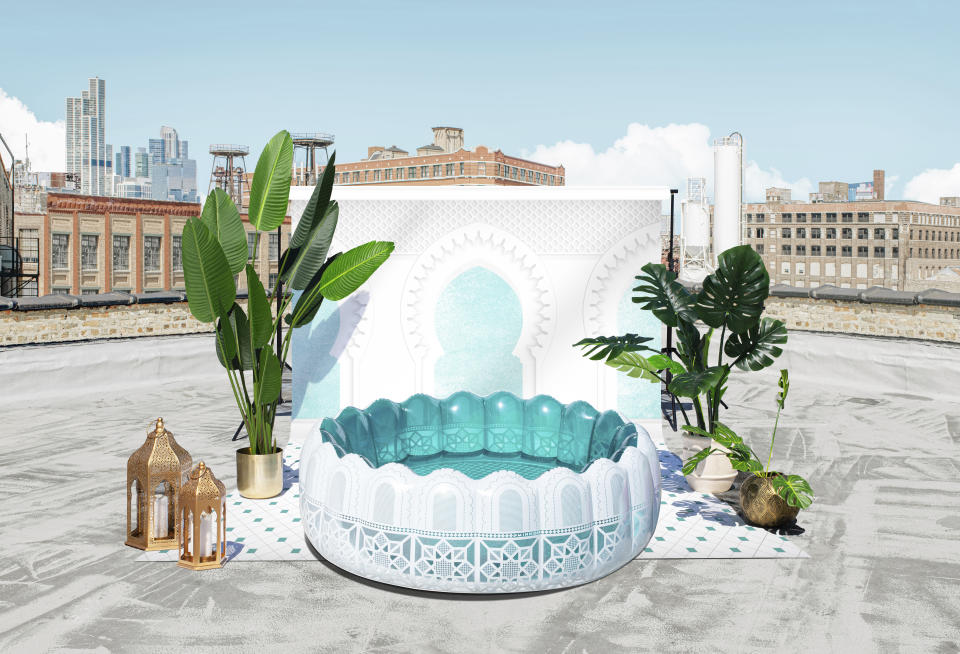 This image provided by Minnidip shows an inflatable pool. Minnidip makes inflatable "adult kiddie pools" that aim to transport you to some exotic travel destination. Patterns on the Marrakesh pool reference Moroccan architectural details, while the Amalfi is a nod to the blue, yellow and white tile of the Italian coast. (Minnidip via AP)